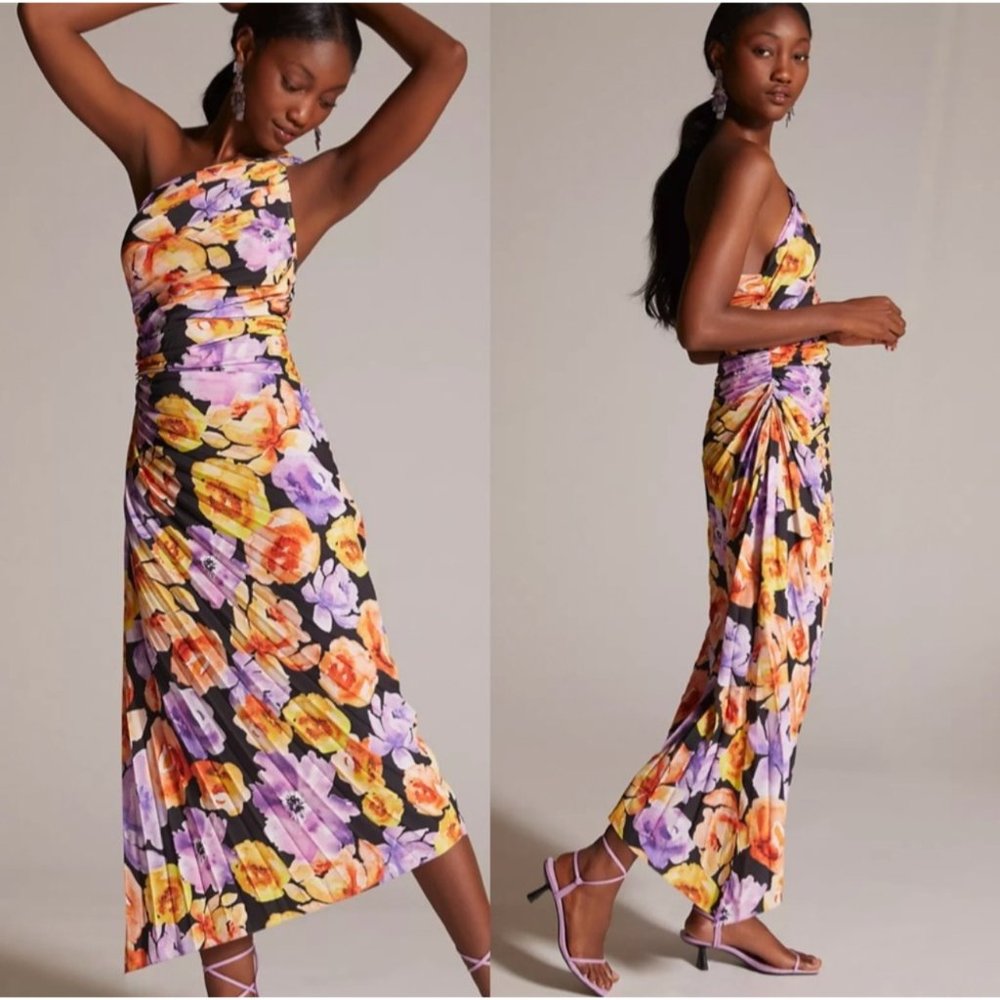 Anthropologie Geisha Designs Floral One Shoulder Asymmetrical Hem Midi Dress